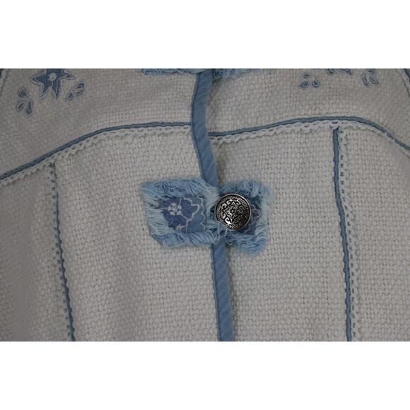 VINTAGE Flashback Womens Sz Large Tapestry Heavy Knit Jacket White Denim Blue - Picture 3 of 7